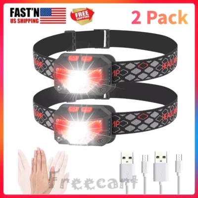 2PACK Headlamp COB LED Rechargeable Headlight Torch Work Light Bar Head Band USB - Image 1 of 4