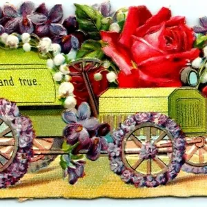 Tarjeta comercial antigua "constante y verdadera" troquelada coche automóvil flor década de 1900 C1 - Imagen 1 de 3