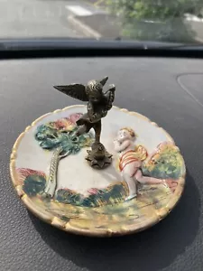 Vtg Italian Capodimonte pin trinket mini dish w/ Standing Bronze Putti Cherub - Picture 1 of 3