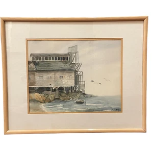 Kathryn Teti Signed Original Watercolor Painting Seascape Pier Rocky Ocean Shore - Picture 1 of 8