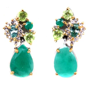 Green Emerald,Tourmaline,Peridot, & Cubic Zirconia Earrings 925 Sterling Silver - Picture 1 of 4