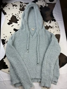 POL Women’s Sky Blue Knit Sweater Hoodie Small Boho Indie Hi-Low - Picture 1 of 8
