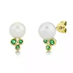 14K Yellow Gold Emerald Pearl Stud Earrings Natural - Picture 1 of 2