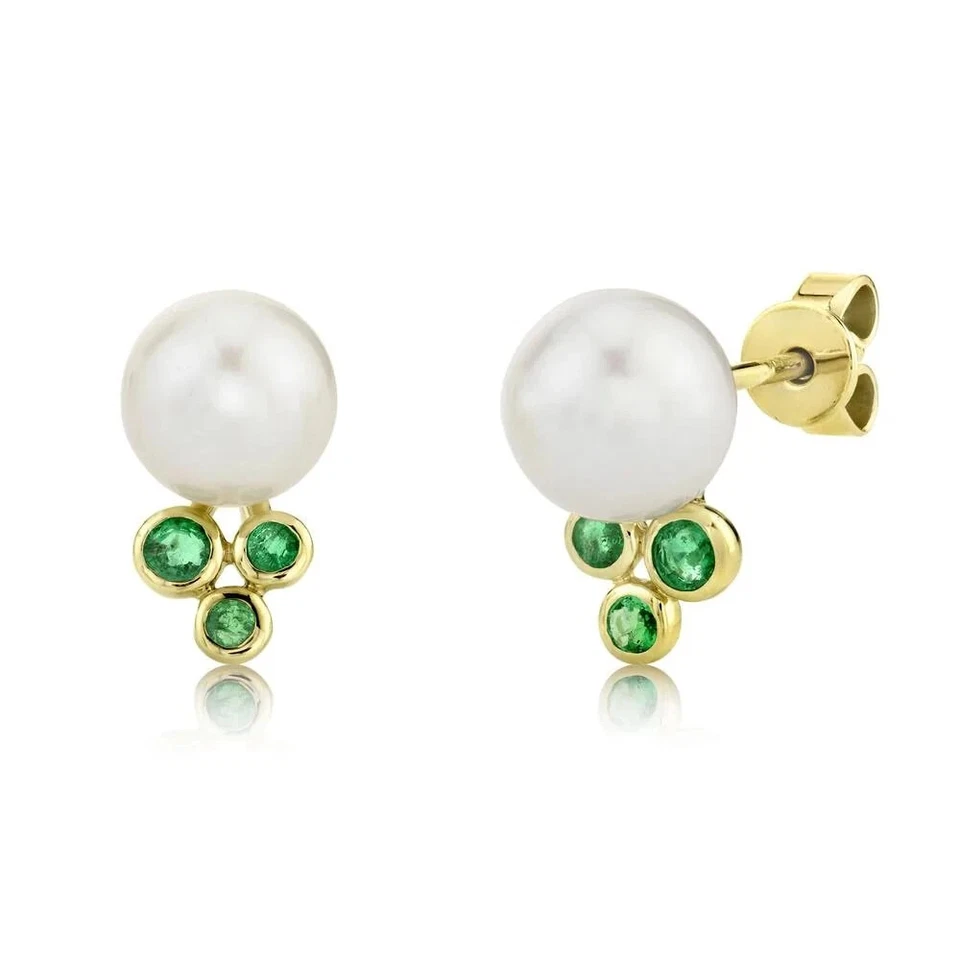 14K Yellow Gold Emerald Pearl Stud Earrings Natural - Image 1 of 2