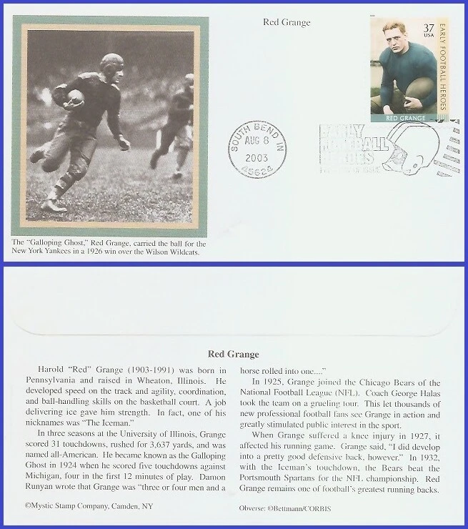USA5 #3811 U/A MYSTIC FDC   Foolball Heroes Red Grange - Image 1 of 1