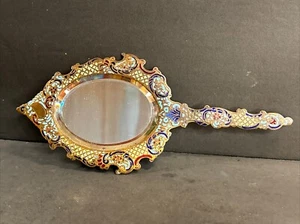 Antik Bronze Handspiegel/Cloisonne/Emaille/Abschrägglas/FrankreichC.1930/Blau/Rot - Bild 1 von 14