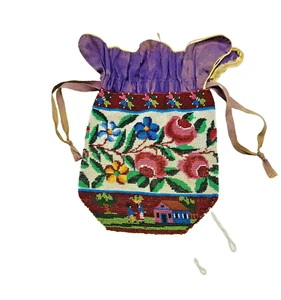 Antique Victorian Bag Glass Beaded Scenic & Floral Purse - Picture 1 of 5