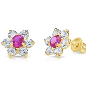 14K Real Solid Gold Flower Halo Birthstone CZ Sleeper Studs Earrings Screw-back - Picture 1 of 31