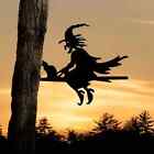 Scary Witch & Cat On Branch Steel Silhouette Metal Wall Art Garden Statue Stake