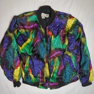 CASUAL CORNER Vtg 80s Satin Sheen Multicolor Abstract Windbreaker JACKET M L - Picture 1 of 12
