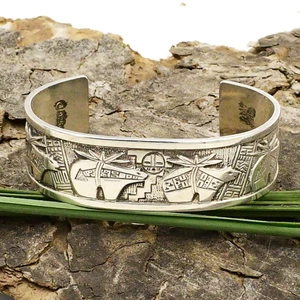 Sterling Silver 925 Relios RMT Roderick Tenorio Native Bears Wide Cuff Bracelet - Picture 1 of 5