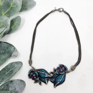 CHICO'S Statement Bib Necklace Enamled Blue Flower Floral Gunmetal Art To Wear - Picture 1 of 8