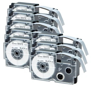 Compatible con Casio XR-12WE Cinta de Etiqueta Negra sobre Blanca para EZ KL-60 12MM 8PK - Imagen 1 de 12