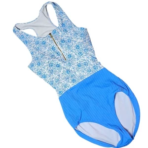 Albion Fit NWOT One Piece Swimsuit Cottagecore Floral Half Zip Tie Bow Blue M - Picture 1 of 8