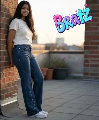 Girls Rare Y2K Vintage Bratz Denim Jeans Pink Trim Flower Logo Girls XL 14/16 - Image 1 of 4