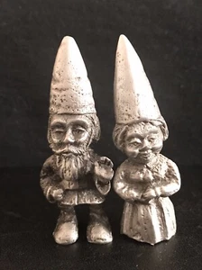 Set Pewter Mr Mrs Garden Gnome Good Luck Elf Hat Silver Metal Statue Figurines D - Picture 1 of 2