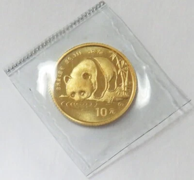 Moneda sellada 1987 Y oro China Panda 10 yuanes 1/10 oz estado como nueva Foto 1 de 2