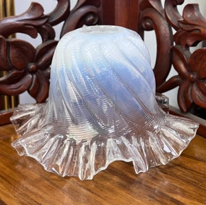 Victorian Art Nouveau Opaline to Clear Glass Lamp Shade Bell Skirted Ruffled Rim - Picture 1 of 10