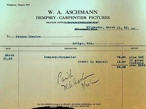 WA Aschmann Dempsey Carpentier Pictures Billhead March 13 1922 Palace Theatre - Picture 1 of 1