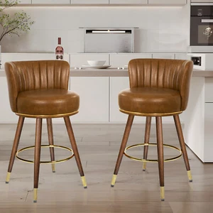 24" Brown Counter Height Bar Stools Swivel Bar Chairs with Wood Legs Set of 2 - Picture 1 of 6