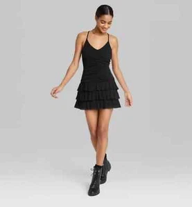 Women's Sleeveless Ruched Front Tiered Dress Black Size L - Picture 1 of 3