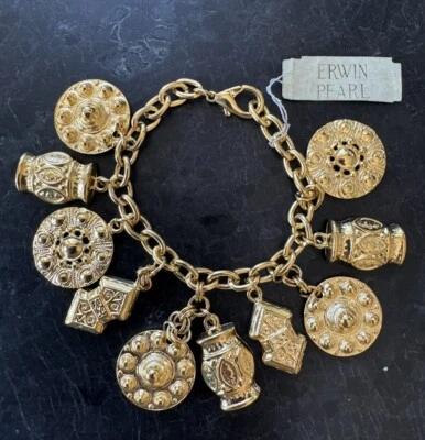 Nwt Vtg Erwin Pearl Bracelet Charms Goldtone Adjustable 7-8” - Image 1 of 4
