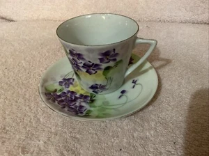 TE OH China Nippon Teacup Saucer Hand Painted Purple White Floral Handle Vintage - Picture 1 of 3