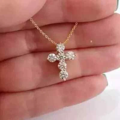 Сертифицированный 1,5 карат выращенный в лаборатории бриллиант маленький крест подвеска 18» цепочка 14K желтое золото - Изображение 1 из 4