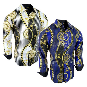 Mens Shirt Designer Italian Striped Gold Foil Chains Print Button Silky Stretch - Picture 1 of 4