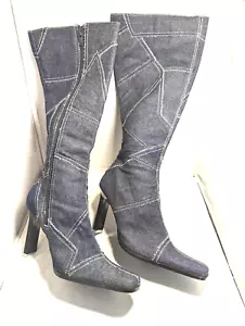 Vintage Paprika Denim Boots Y2K Knee Tall Patchwork Blue Jeans Fabric Zip USA 6 - Picture 1 of 9