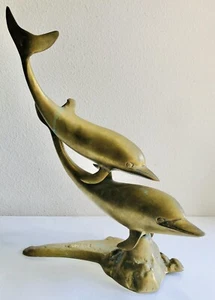 Vintage Large Solid Brass 2 Swimming Dolphin Sculpture Figurine Statue READ - Picture 1 of 8