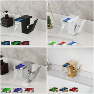 3 Color LED Waterfall Spout Bathroom Basin Sink Faucet 1 Handle Hole Mixer Taps - Picture 1 of 50