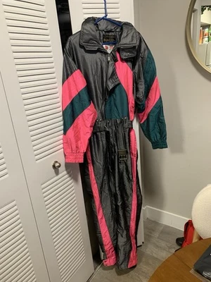 Terno de esqui Descente vintage década de 1980 tamanho grande cores clássicas rosa/verde/cinza - Imagem 1 de 4