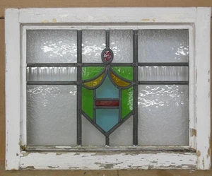 OLD ENGLISH LEADED STAINED GLASS WINDOW Pretty Abstract Crest Design 21" 16.75" - Picture 1 of 3
