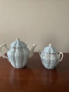 Antique Double Crown Germany SET Tea Pot Covered Sugar Bowl Blue Hand Painted - Picture 1 of 20