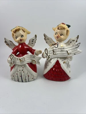 RARE Vtg LEGO Christmas Angel NOEL BANNER Salt Pepper Shakers Kitschy MCM READ - Image 1 of 4