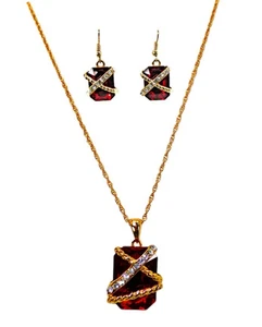 Sparkling Red Rectangle Crystal Pendant Necklace and Matching Earring Set - NEW - Picture 1 of 12
