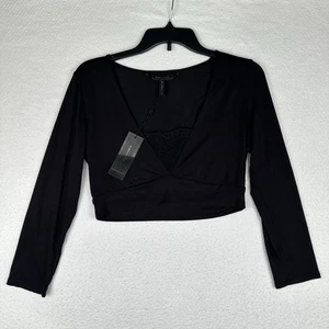 NUEVO CON ETIQUETAS BCBG Max Azria Blusa Para Mujer Manga Larga Mediana Top Corto Capricho Negro - Imagen 1 de 8