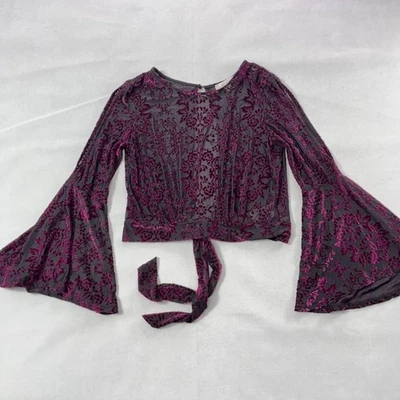 Sheer Velvet Burnout Crop Top Women Medium Black Purple Bell Sleeve Open Back - Image 1 of 4