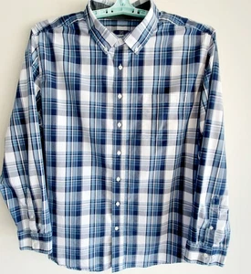 GEORGE Mens 2X 50-52 Blue, Gray, & White Plaid Long-sleeve Shirt - Picture 1 of 8