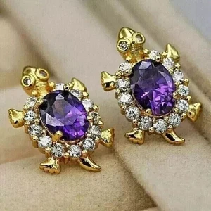 2.00Ct Oval Cut Lab Created Amethyst Turtle Stud Earring 14K Yellow Gold Plated - Picture 1 of 8