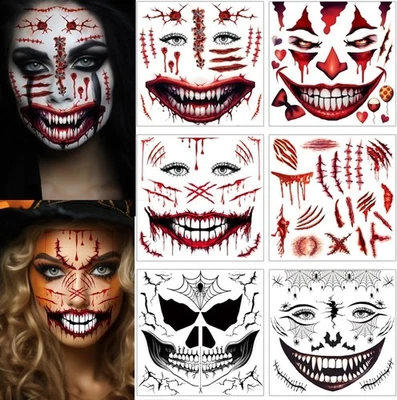 ENYACOS 6 Sheets Halloween Scary Face Tattoos For Men And Women,Skeleton Mouth