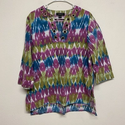 Blusa August de seda para mujer talla M mezcla de lino multicolor cuello en V arte para usar túnica Foto 1 de 4