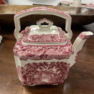Antique Mason's Vista Red Pink Kettle Teapot & Lid 9" Square Handle No Chips - Picture 1 of 24
