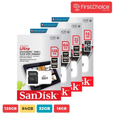 SanDisk Ultra 16GB 32GB 64GB 128GB MicroSD UHS-I C10 100Mb/s With/Adapter By Lot - Image 1 of 4