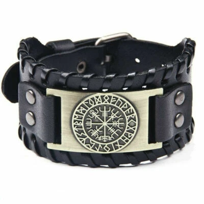 Herren Wikinger Lederarmband Schwarz Edelstahl Männer Armband Viking Breit Biker - Bild 1 von 4