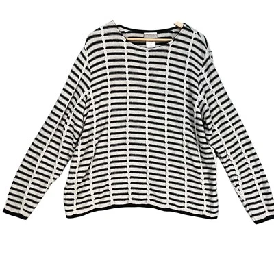 Suéter listrado Coldwater Creek L preto branco algodão linho texturizado pulôver G - Imagem 1 de 4
