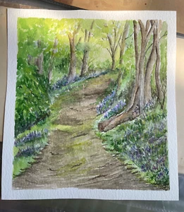 Path Through Bluebell woods, 9" x 9.75" Original Watercolour Painting - Picture 1 of 10