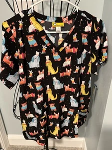 New Wonderwink Top Hat, Dog Tail Small S Women’s Scrub Top Black Vet Tech Shirt - Picture 1 of 10