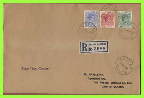 Bahamas 1938 KGVI ½d, 1d and 2½d on registered First Day Cover to Canada Cover